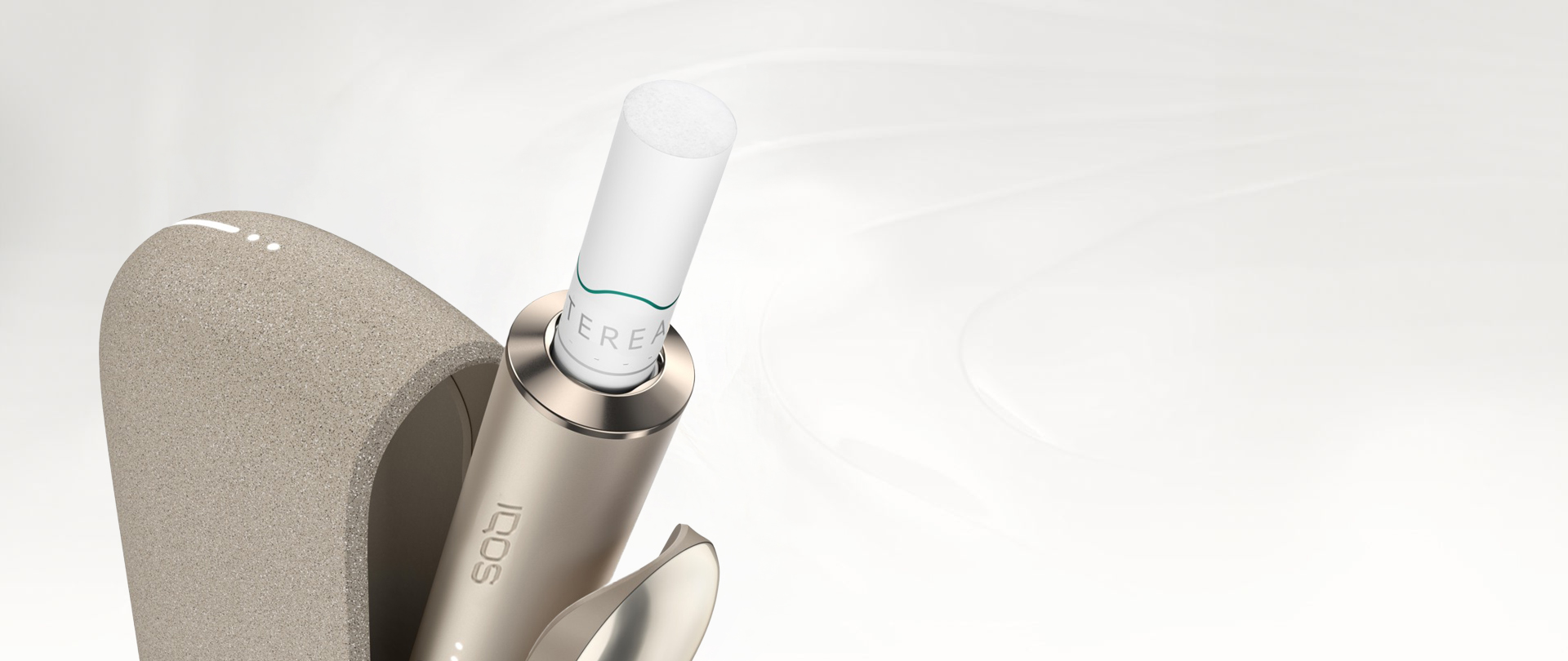 An IQOS ILUMA PRIME Holder with a TEREA stick inserted next to an IQOS ILUMA Pocket Charger.