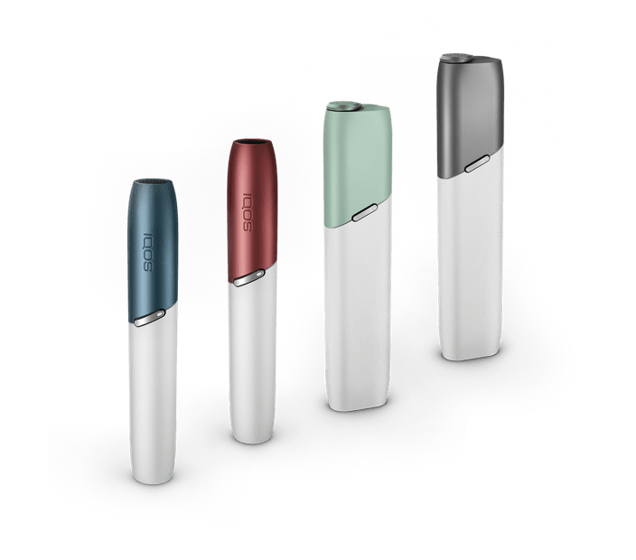Line up of 4 IQOS 3 DUO and MULTI holders with customised caps