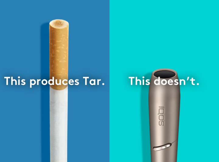 Cigarette filter with brown combustion stains compared to IQOS HEETS stick in IQOS 3 DUO holder with no equivalent stain
