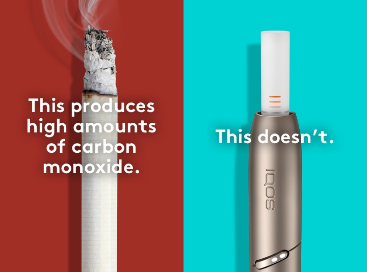 Lit cigarette end compared to IQOS HEETS stick in IQOS 3 DUO holder.